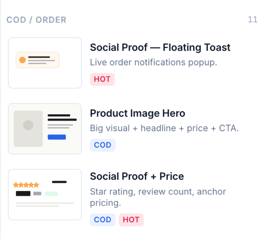 CartCod block library showing reusable landing page blocks